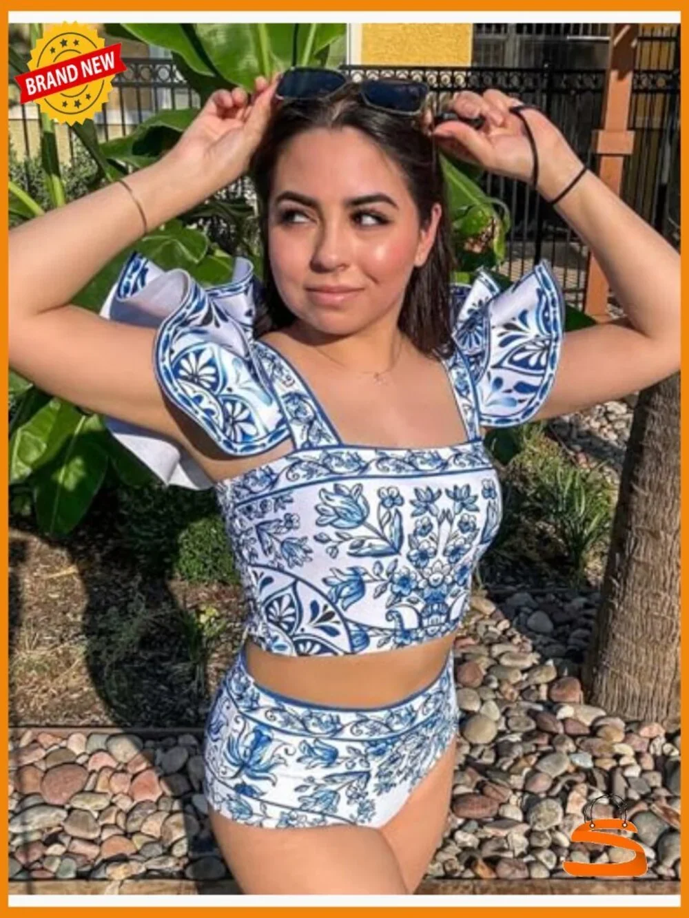Large Ruffle Bikini Set with Sarong, Polyester Spandex, V-Neck Off Shoulder